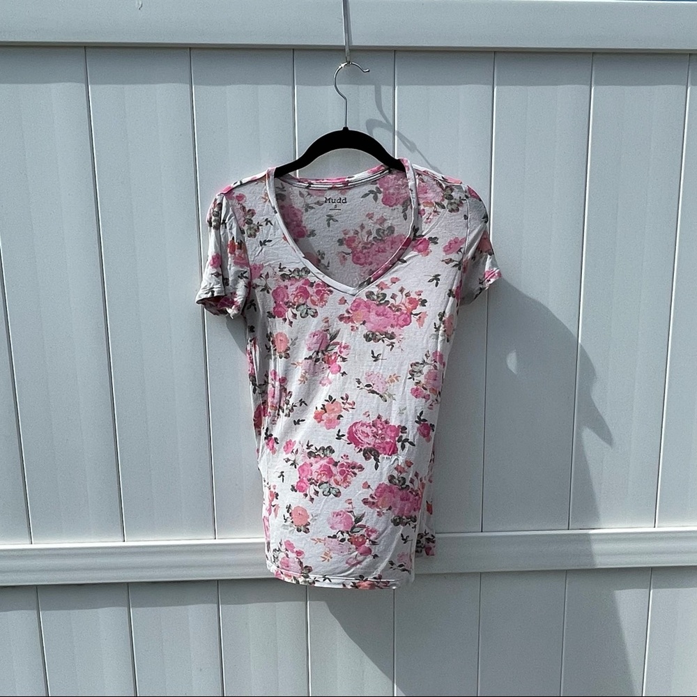 Vintage Mudd Floral Print Short Sleeve V-Neck Shirt, Women's Size S, Pink Multi
